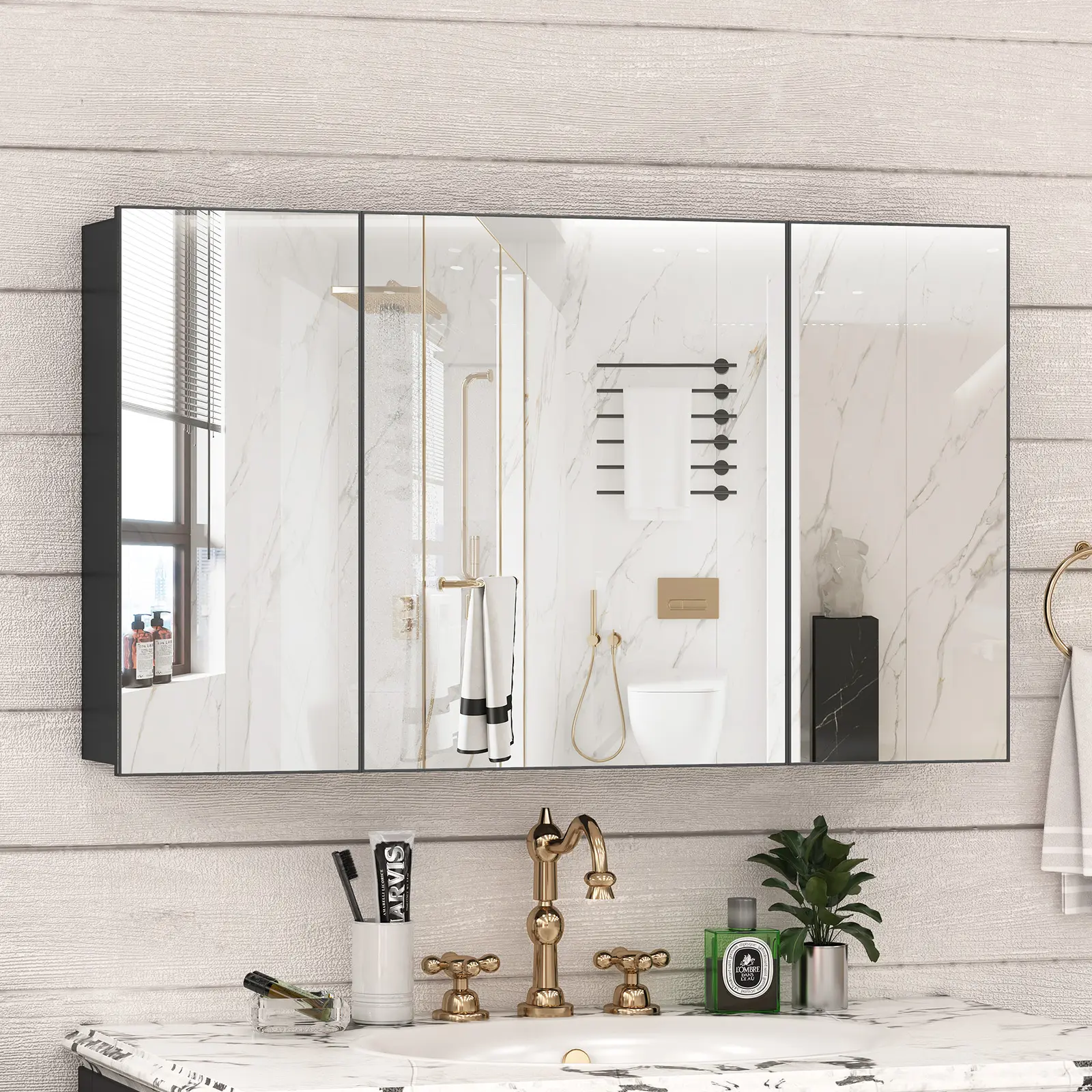 Sturdy Bathroom Mirror Cabinet with Mirror and Alloy Shelves, 39.4 l x 4.2 d x 23.62 h Inch Wall-Mounted Indoor Cupboard, Surface or Recessed Mount for Bathroom & Coffee Bar, Black