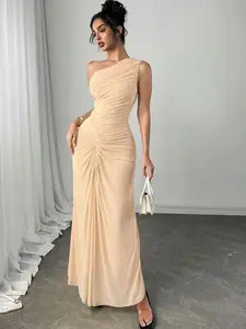 Ladies New Elegant Navy Blue Skirt Pleated Trim Mesh Dress Asymmetrical Neck Sleeveless A Line Bodycon Fitted Mermaid Hem Formal Evening Dress for Wedding Guest - Fabric