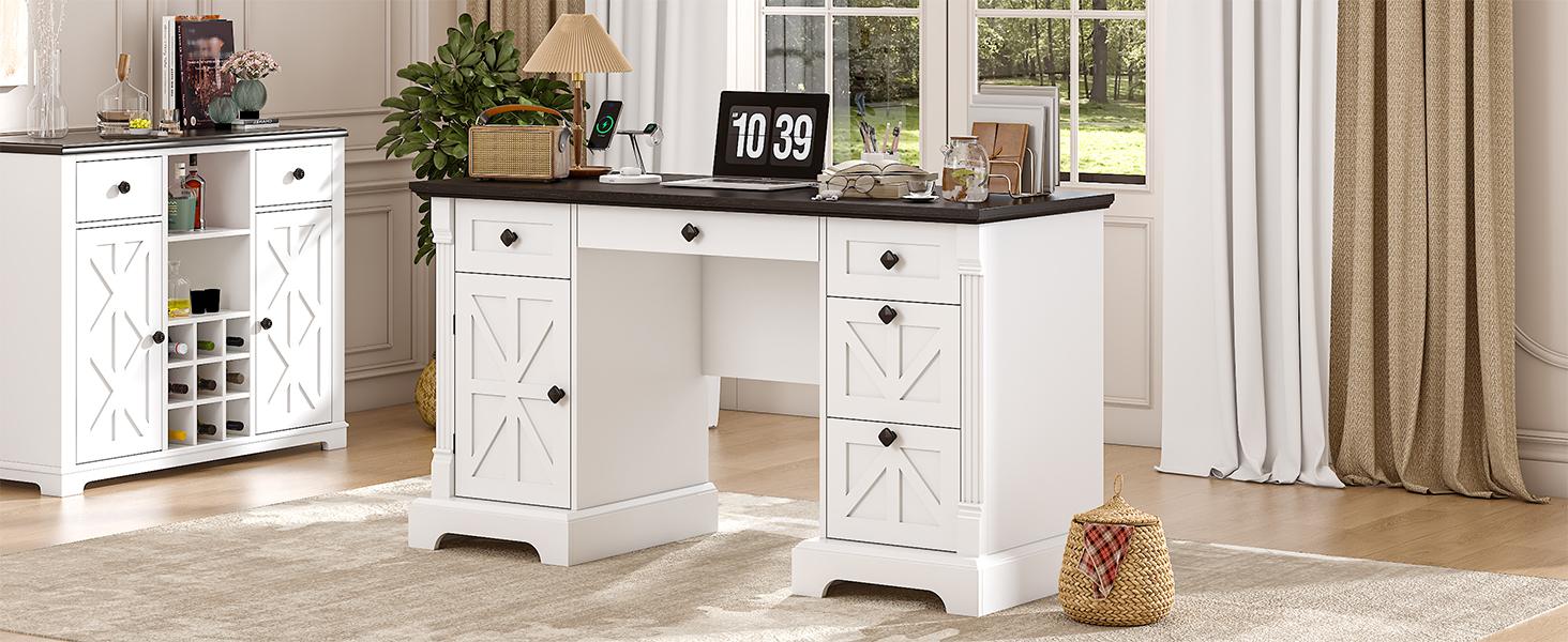 55" Office Desk with Drawers, Farmhouse Executive Desk with Charging Station, Hidden Cabinet, File Cabinet Storage, Wood Computer Desk with 5 Drawers for Work Study Writing, White