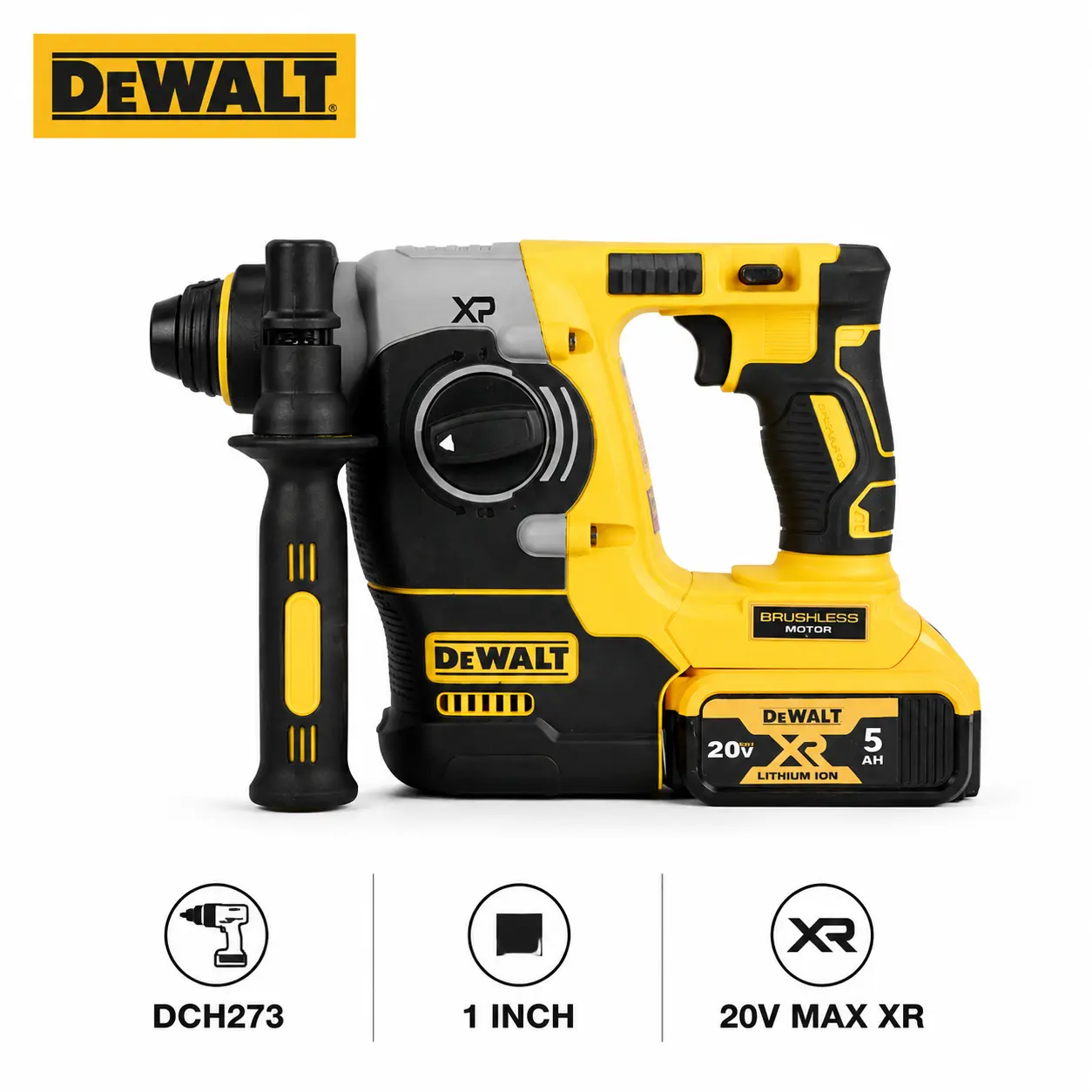 DEWALT DCH273 20V MAX XR 1" Cordless SDS Plus Rotary Hammer Drill Kit with 5.0Ah Battery and Charger 2.1 Joules 2-Mode Heavy Duty Impact Drilling Chiseling for Concrete Masonry Construction