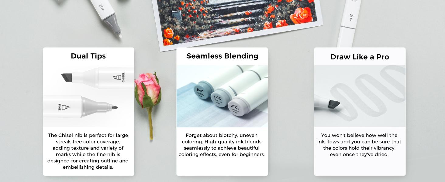 Ohuhu Alcohol Markers: Chisel & Fine - 36 Grayscale Colors / 36 Skin-Tone Portrait Colors- Double Tipped Alcohol Based Art Marker Set for Artist Adults Coloring Shading Layering - Refillable - Oahu Series of Ohuhu