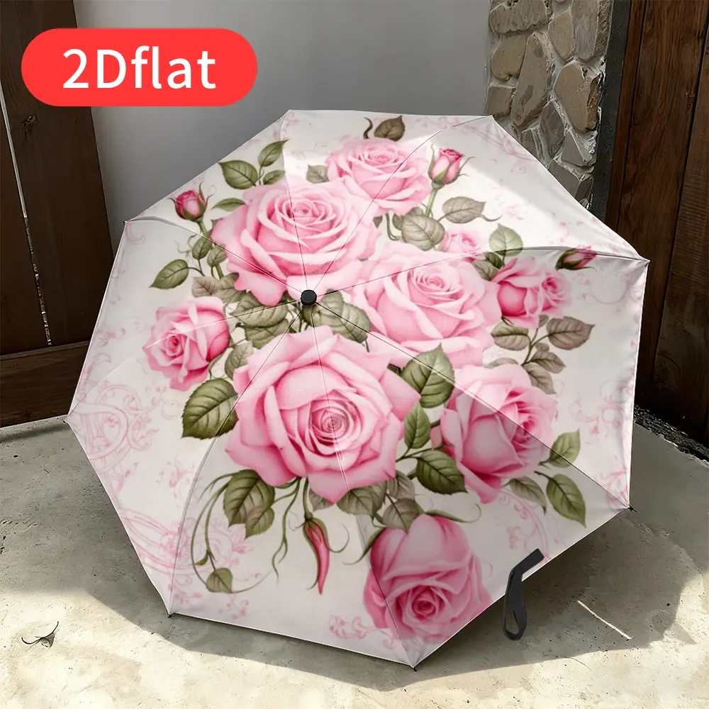 Elegant Floral Umbrella for Women – Automatic Windproof Umbrella with 8-Rib Reinforced Frame, Featuring Pink Roses and Green Leaves Design; Compact Folding Umbrella, Perfect for Valentine's Day, Weddings, Birthdays, and