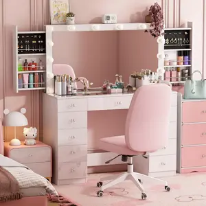 Vanity Desk with Power Outlet, Makeup Vanity with Mirror and 14 LED Light, 3 Lighting Modes,11 Drawer Vanity Table with Sliding Jewelry Storage, Glass Top, Specular Surface, White, room vanity