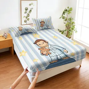 Cartoon George The Monkey Print Fitted Sheet Set,Includes 1 Fitted Sheet & 2 Pillowcases without Filler,cute And Comforting,perfect Bedding,warm And Pill-resistant,suitable As A Gift For Children,multiple Styles Available