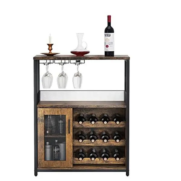 Vintage Industrial Wine Bar Cabinet with Adjustable Racks, Glass Holders & Mesh Doors. Compact Sideboard for Living Room, Kitchen, or Dining Room. Easy Assembly, Retro