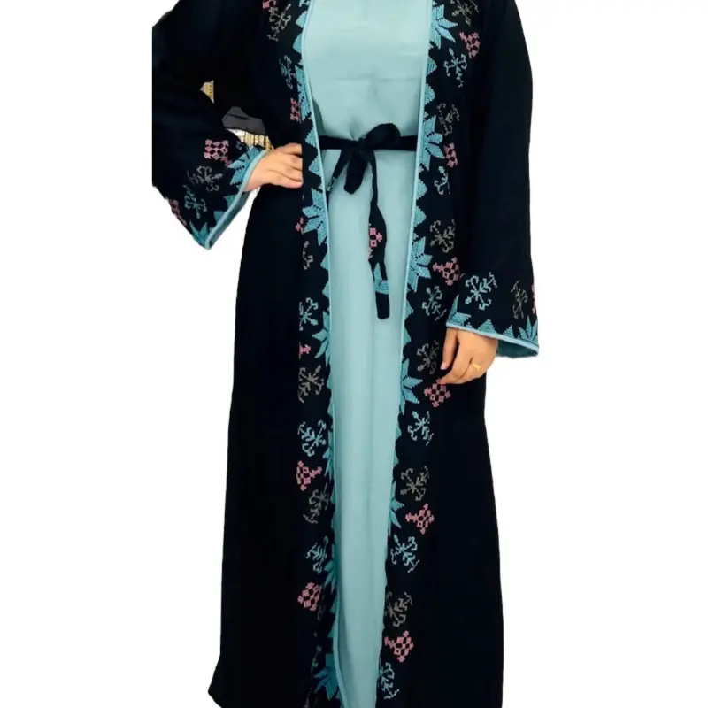 Sahar Abaya - Handcrafted Unique Design with Inner Hijab & Belt - Full Set Black Floral Embroidered Abaya