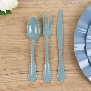 72 Pcs Plastic Silverware Set Dusty Blue in Baroque Style - Heavy Duty Disposable Knife, Fork, and Spoon Set