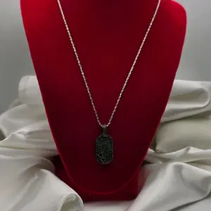 Sterling Silver Black Rhodium Black Moissanite Double Heart Dogtag Necklace