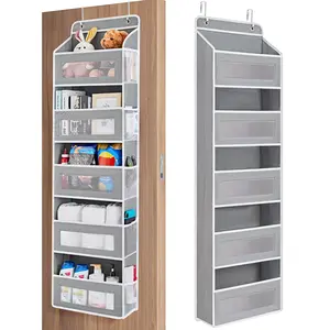 Over the Door Organizer Storage, 5 Shelf Hanging Door Organizer with 5 Large Capacity Pockets, Anti Tilt 44 lb Load Behind Door Organizer for Bedroom, Bathroom, Pantry, Nursery, (Grey)