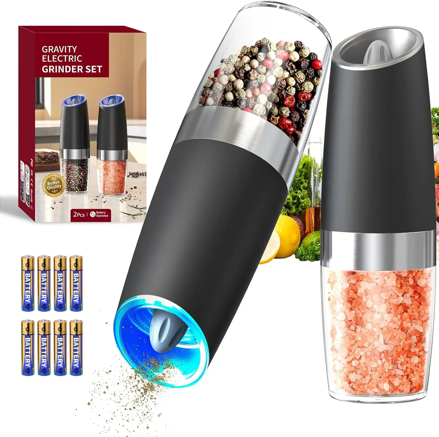 2-Pack Gravity Electric Salt & Pepper Grinder Set, Automatic Spice Mills with LED Light, Adjustable Coarseness, 1-Hand Operation for Kitchen & BBQ, Ceramic Grinders