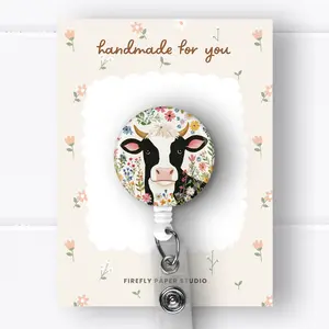 Floral Cow Badge Reel, Retractable Badge Reel w/ Alligator Swivel Clip