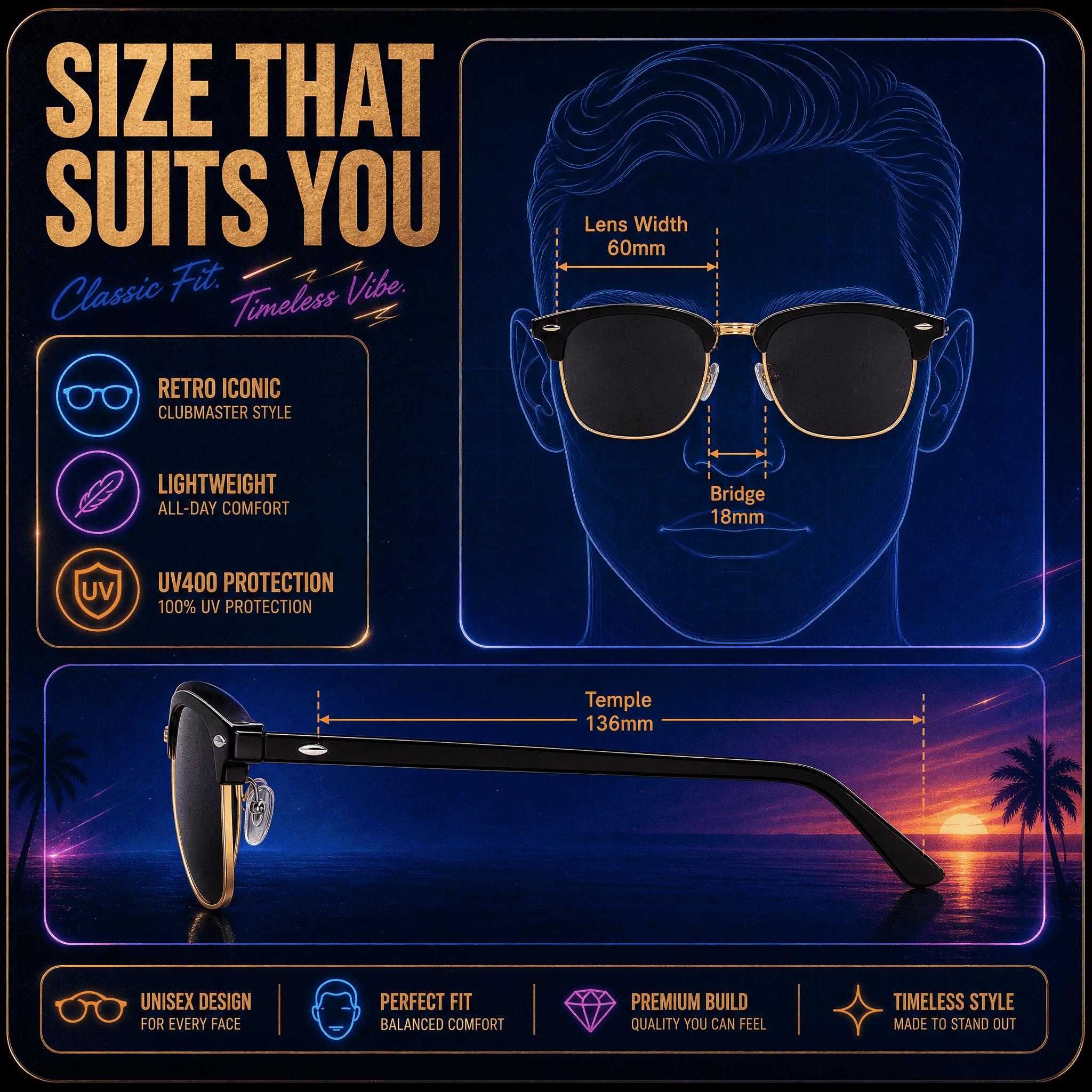 Iconic Clubmaster Sunglasses UV400 Certified, Lightweight,Universal Fit for All Face Shapes, Multiple Lens Options