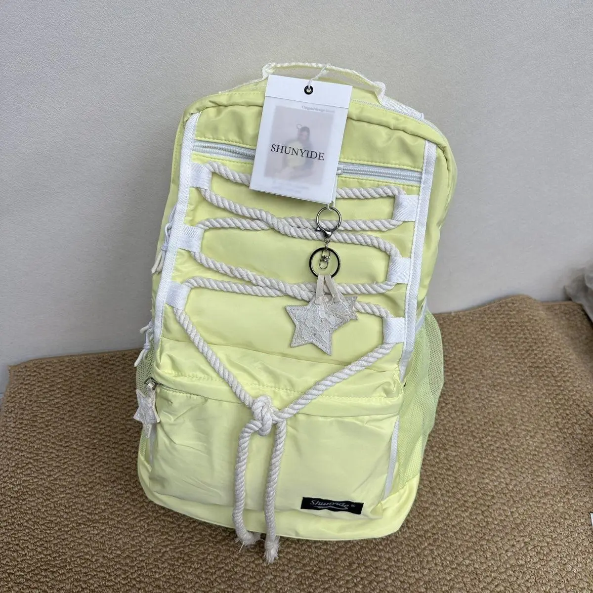Pastel Yellow Rope Lace Decor Nylon Laptop Backpack Cute Star Pendant Water Resistant Travel School Bag