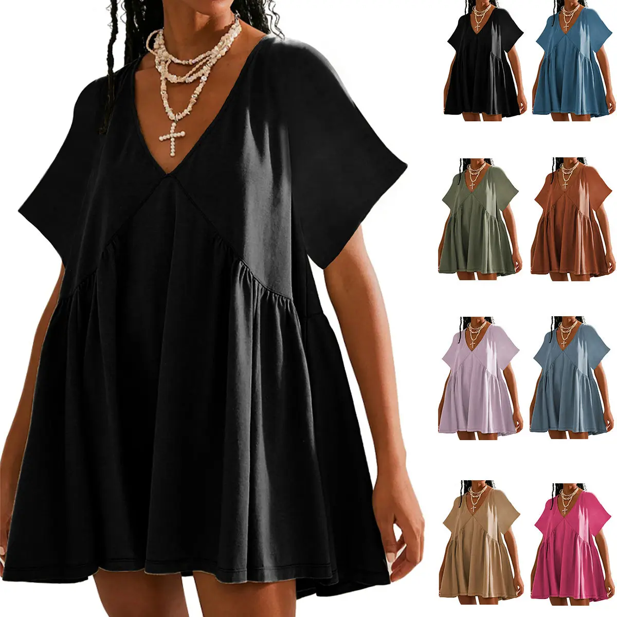 Naeduo Women's Basic Casual Wear Summer Short-Sleeve V-Neck Loose Flowy Mini Sundress with Pockets, Sweet Black Skater Dress for Beach, Going Out, Vacation, Short Length, Solid, Black Dress, Modest, Preppy, Athletic, Above Knee, Cotton, Cute Beach Dress