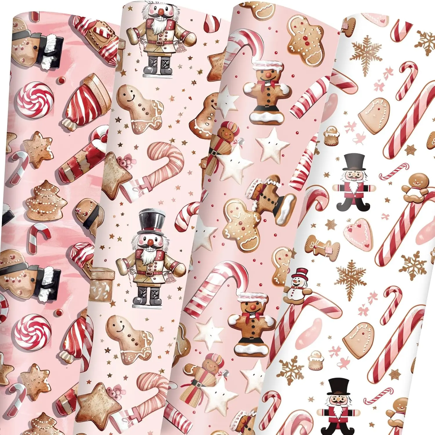 Christmas Wrapping Paper with 4 Nutcracker Gingerbread Design for Christmas Holiday Party Celebration - 20 X 28Inches Per Sheet(8 Pack)