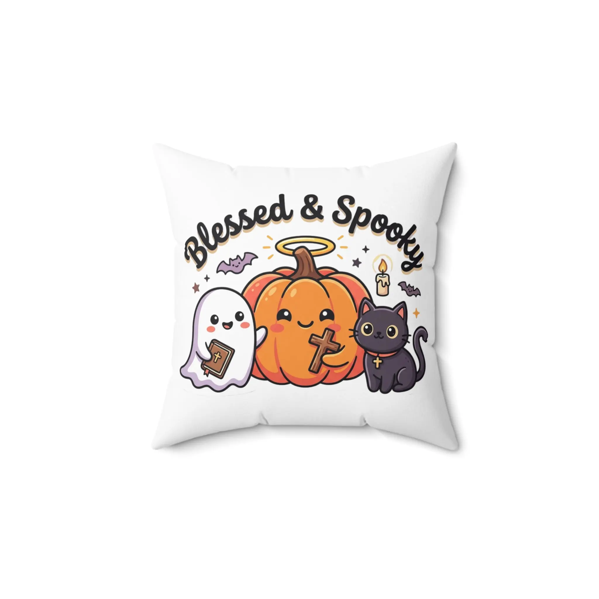 Blessed & Spooky Halloween Pillow — Cute Pumpkin, Ghost & Black Cat Decorative Throw