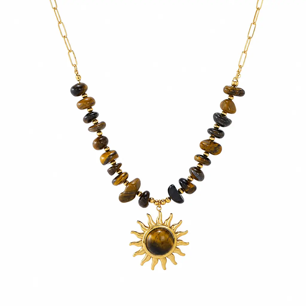 Gold-Tone Stainless Steel Sunburst Pendant Necklace with Brown Striped Irregular Chip Accents