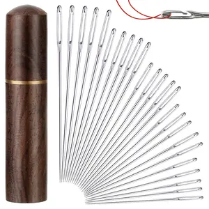 30Pcs Self Threading Sewing Needles Sets, Large-Eye Gauge Needle, Hand Sewing Needle Embroidery Needles with Wooden Case for Knitting Mending DIY Handsewing Art Crafts