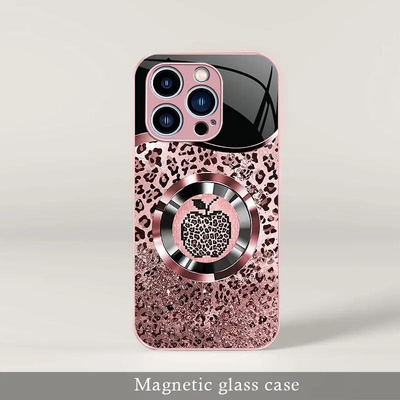 Trending Affordable Luxury Pink Glitter MagSafe Glass Smartphone Casing, Mermaid Scales & Leopard Print Design, Handheld Device Protection for iPhone 17/16/15/14/13 Pro Max & Galaxy - 9435
