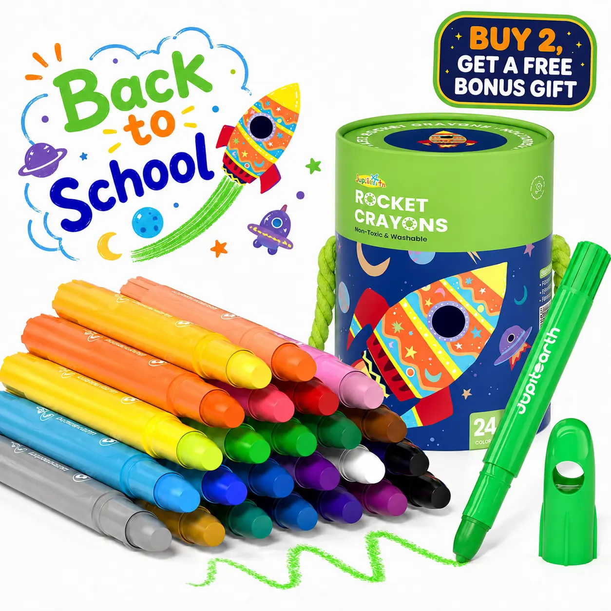 JUPITEARTH Jumbo Rocket-Shaped Silky Crayons for Toddlers, Easy-Grip Twistable Non-Toxic Washable Crayon Set with Storage Bucket, Kids Art & Craft Supplies, Toddler Gifts and Back to School Shopping