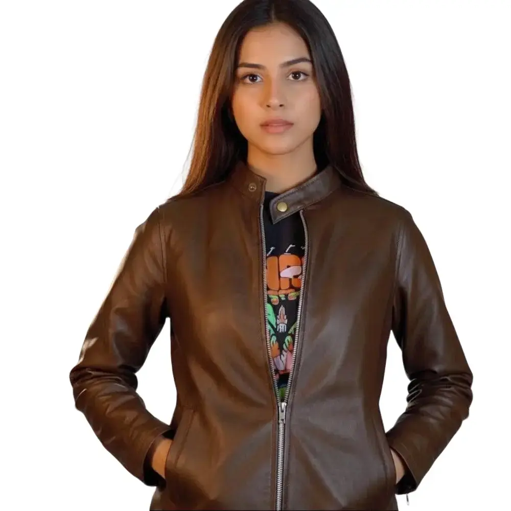 Plain Brown Cow Leather Ladies Jacket Casual Coats