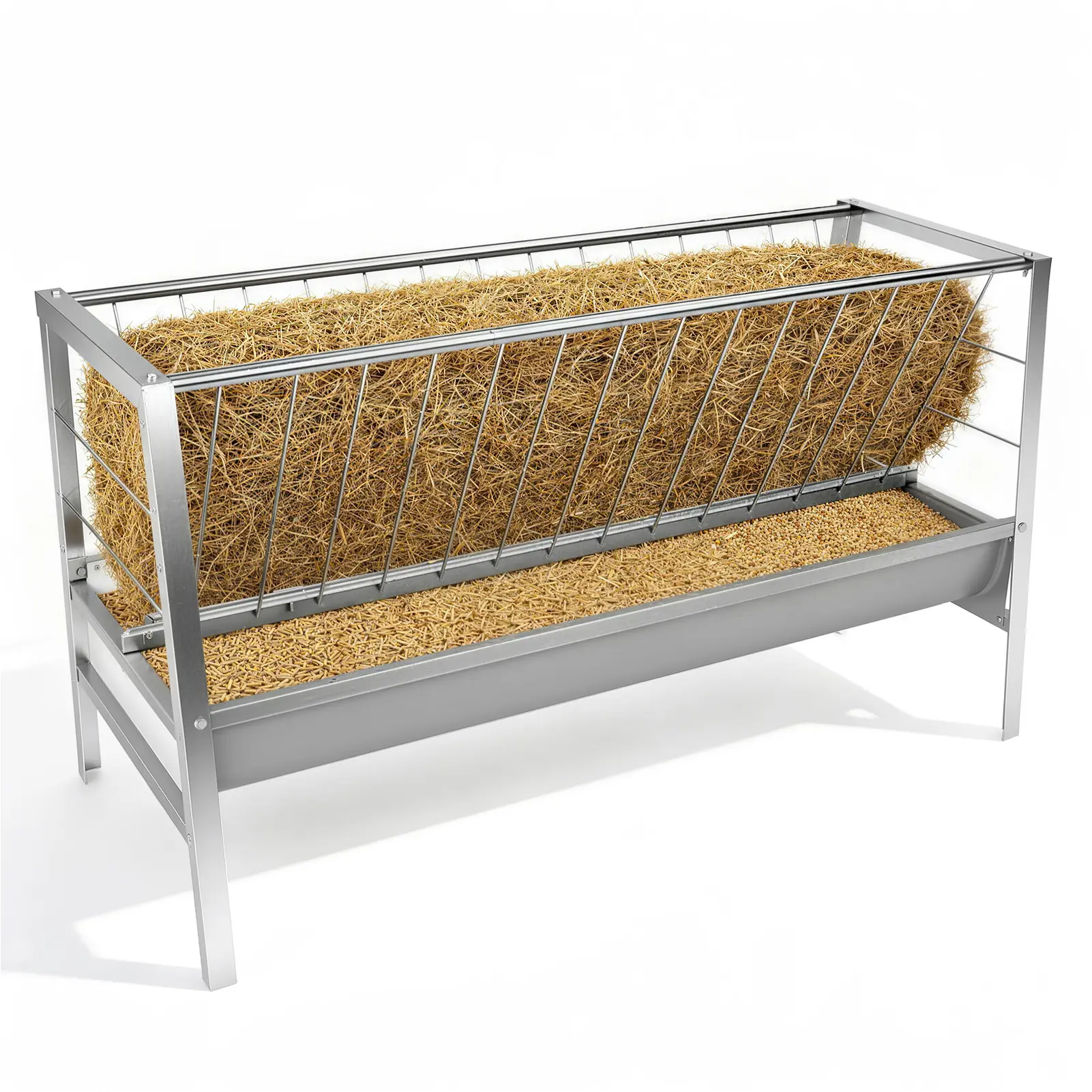 Stainless Steel 2-in-1 Grass & Grain Goat Feeder, 59in L 92 Gal Large Capacity, 7.9in Deep Feeding Pan, Freestanding Outdoor Farm Livestock Feeder for Goats, Horses, Lambs, Sheep