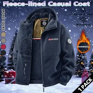 Men's Fleece Lined Fabric Hooded Jacket, Warm Windproof Coat with Pockets, Casual Fall & Winter Outerwear, Long Sleeve Zipper Design Menswear