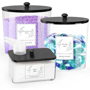 3 Pack Laundry Powder Container & Dryer Sheet Holder, Plastic Laundry Room Organization and Storage Jars with Lids, Labels & Scoops for Powder, Detergent, Scent Booster (Black Lid)