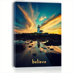 1 Piece Coastal Lighthouse Painting - Framed Wall Art, Includes Sunset Reflection, Suitable for Living Room, Bedroom, Kitchen, Home Office, Tranquil Seascape Decoration - Housewarming Gift (/30x 40cm ) - Modern Farmhouse and Contemporary Style, Coastal Ho