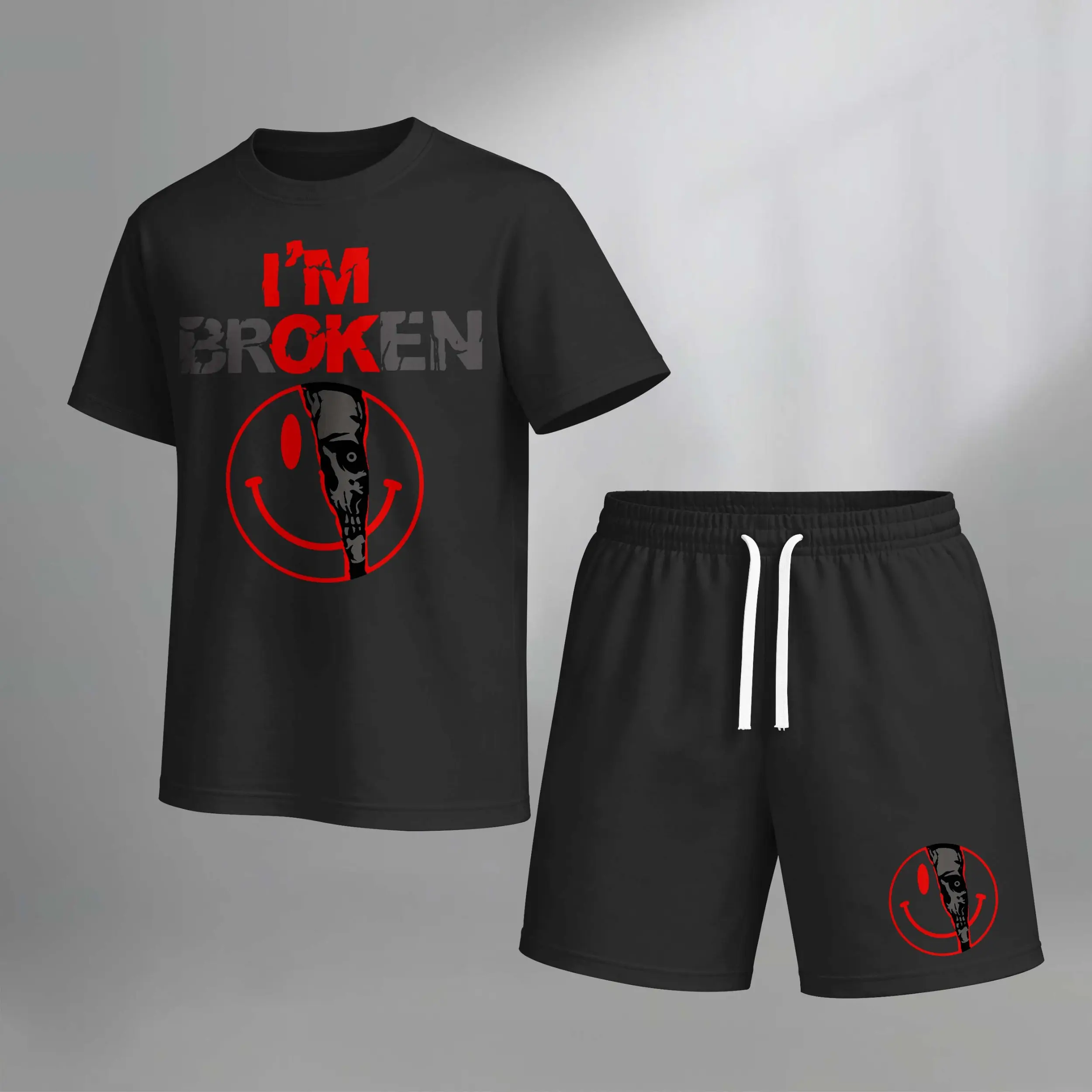 Men’s I'm Broken I'm OK Graphic Print Summer 2 Piece Set, Casual Short Sleeve T Shirt and Matching Drawstring Shorts, Lightweight Breathable Outfit for Vacation, Beach, Workout, Streetwear, Outdoor Leisure, Lounging, Running and Daily Wear