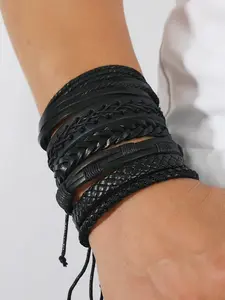 Men's Leather Bracelet Set, Business Casual Fashion Jewelry, Multiple Colors Available, Perfect Gift for Him, Daily Wear Accessory, Minimalist Bracelet