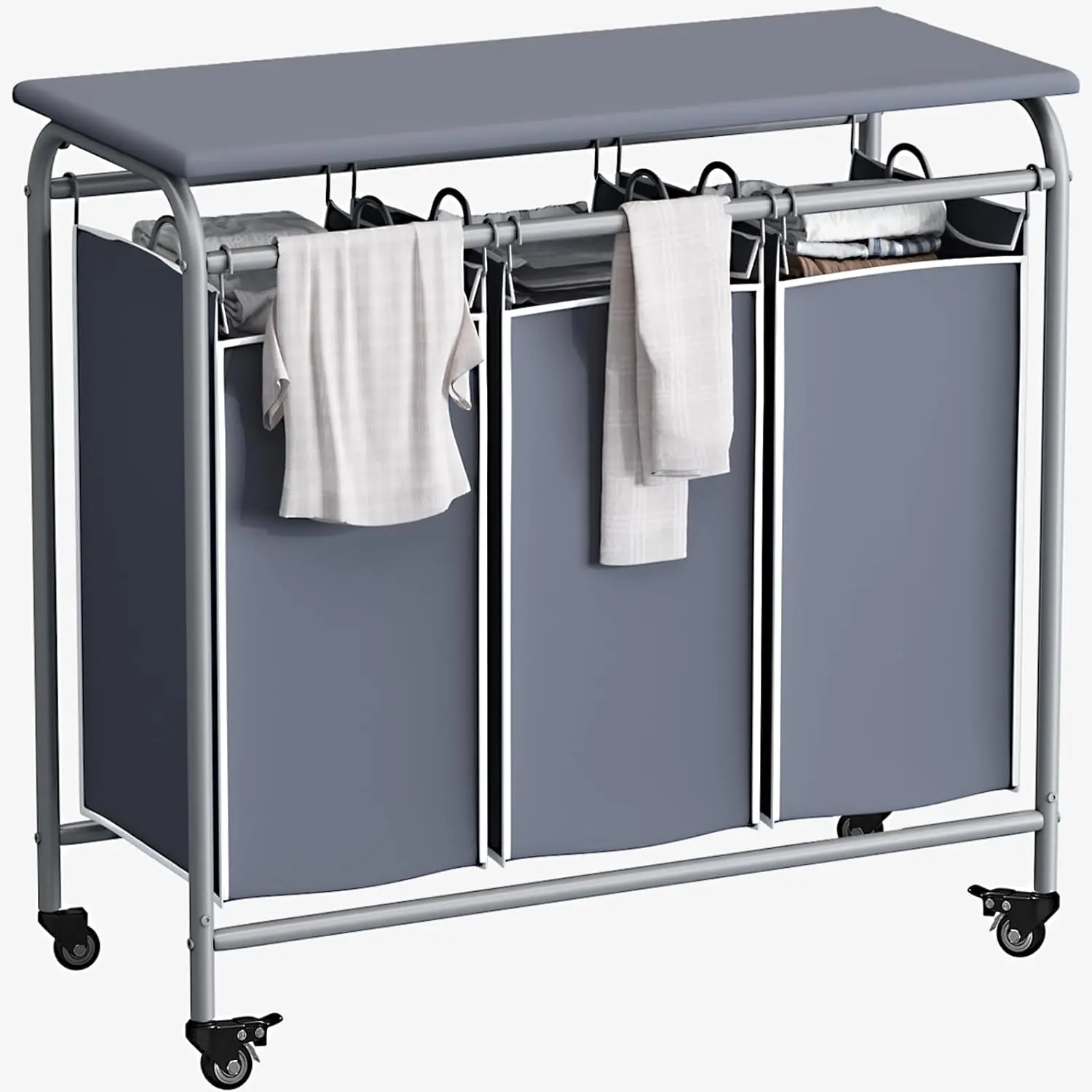 Modern Metal 3-Bag Laundry Basket Sorter - Heavy-Duty Rolling Lockable Wheels Hamper Cart with Ironing Board, Durable Removable Bags, Grey