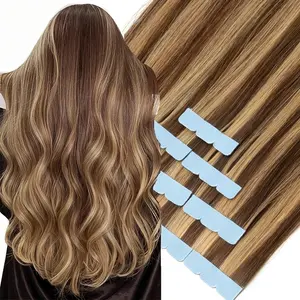 2025 Hot 10pcs Straight Mini Tape-In Hair Extensions, Human Hair Weft, Skin Weft, Human Hair, Light Brown, for Women, with Business Style for Side Hair