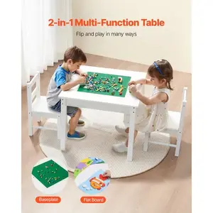 Kids Activity Table and 2 Chairs Set, Building Blocks Double-Sided Tabletop, Toddler Table and Chair Set with Storage for Kids 3+ Years, Large Storage Space, Present for Boys & Girls, White