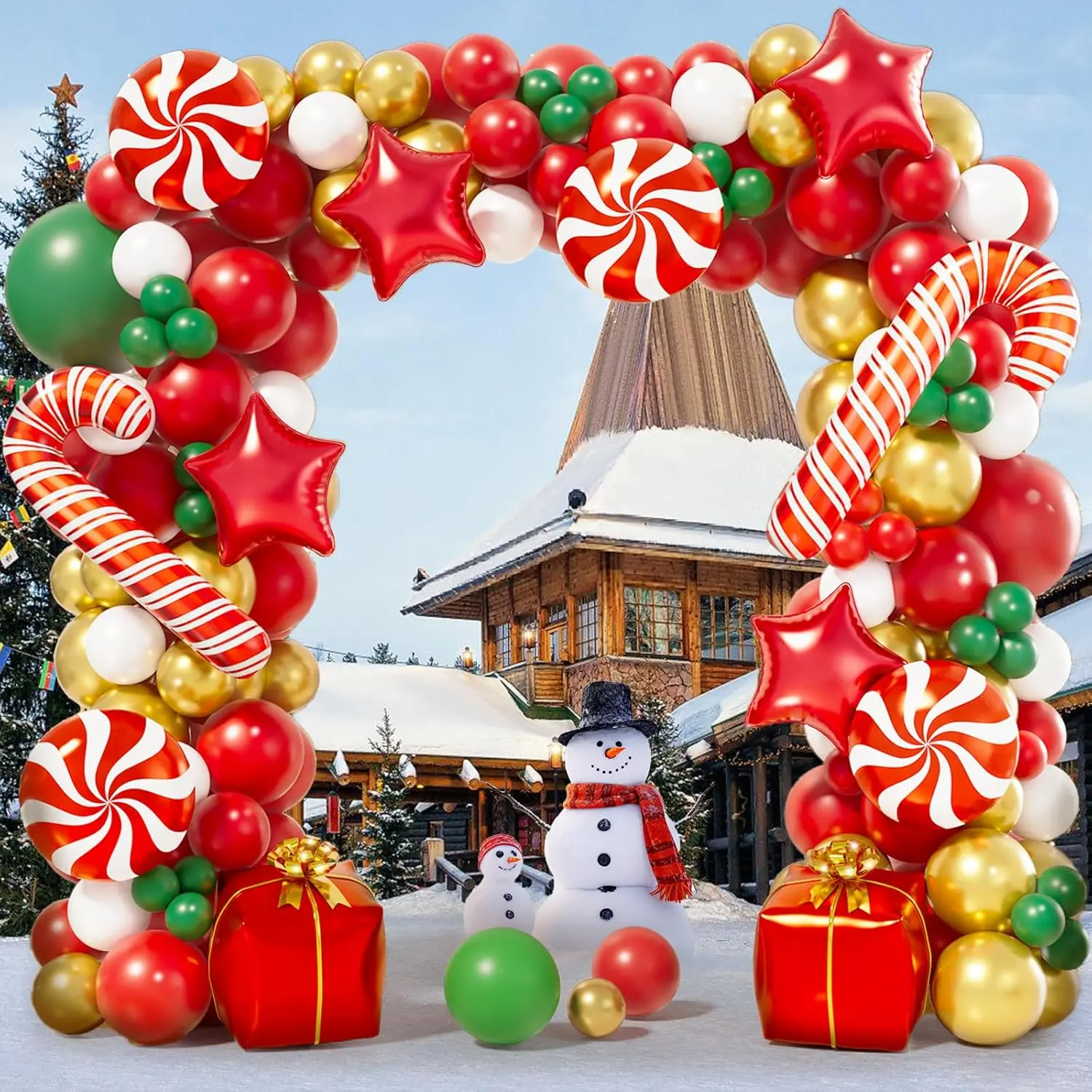 151Pcs Christmas Arch Kit With Red, White, Golden, Dark Green Balloons, Candy Foil, Candy Cane, Gift Box, Star Balloons For Christmas Party Decorations