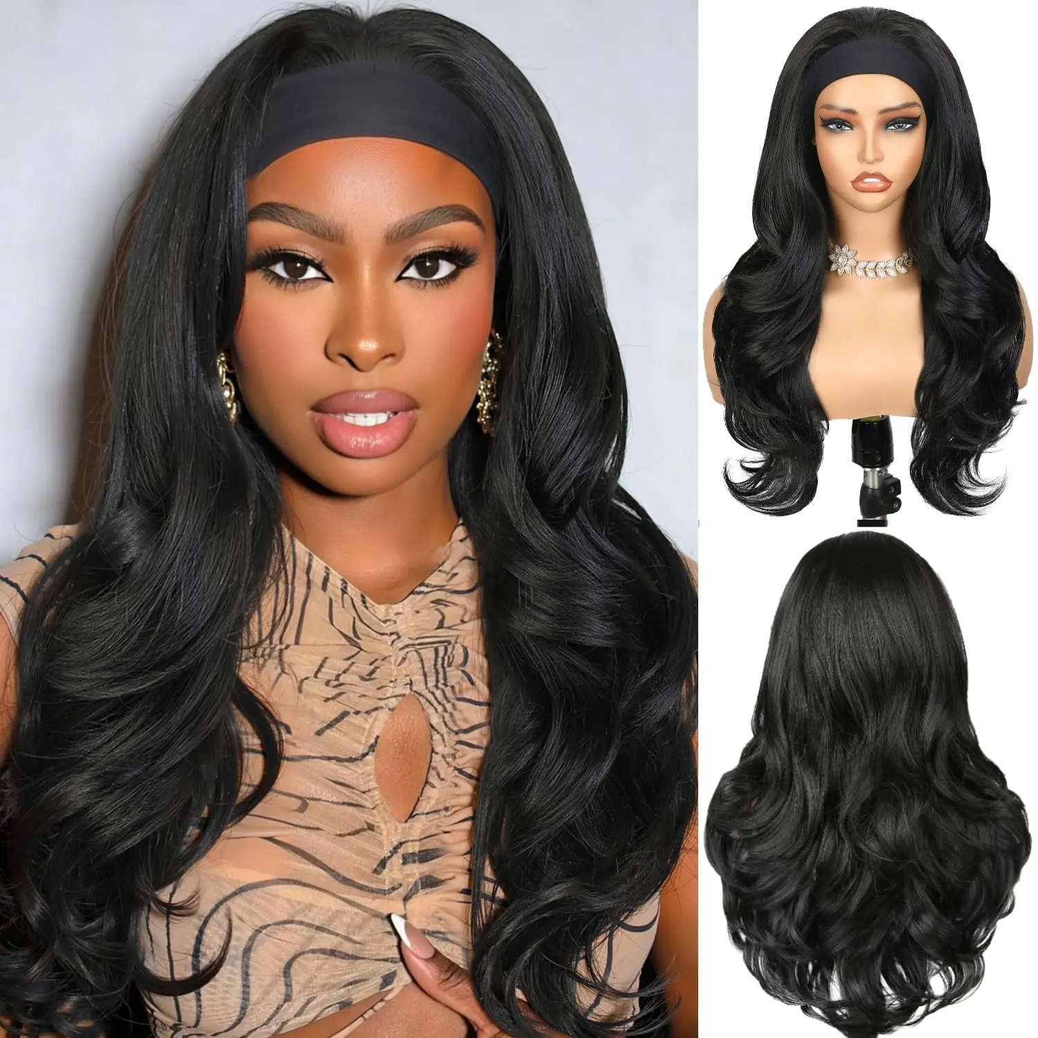 Glueless Headband Wig Long Black Body Wave Headband Wigs for Black Women Synthetic Natural Looking Wavy Wig Heat Resistant 180% Density (26inch, )