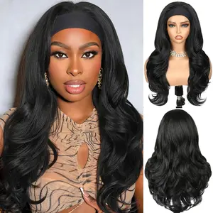 Glueless Headband Wig Long Black Body Wave Headband Wigs for Black Women Synthetic Natural Looking Wavy Wig Heat Resistant 180% Density (26inch, )