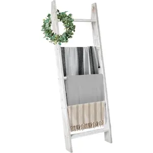 Honest Blanket Ladders for The Living Room, 5-Tier Blanket Holder, Wall-Leaning Blanket Rack, Ladder Shelves, Wooden Quilt Ladder, Farmhouse Decor, White