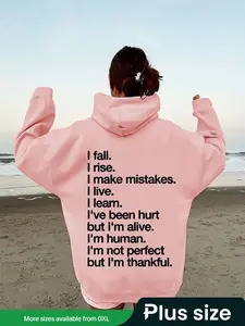 【Plus Size】 Letter Print Drop Shoulder Hoodie, Fashion Casual Drawstring Pocket Hooded Sweatshirt for Daily Holiday Outdoor Wear, Women Clothing for Fall & Winter