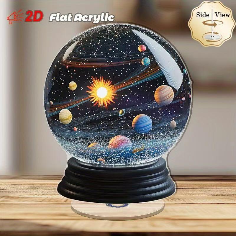 Rotating Solar System Crystal Snow Globe, 2D Acrylic Moon Desktop Decor, Gifts for Astronomy Lovers and Space Enthusiasts