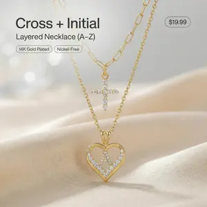 MEIITRUE 14k Gold-Plated Heart Initials & Cross Necklace Set with Cubic Zirconia -  Layered Chains with Adjustable Length, Elegant Personalized Gift Swasika jewelry