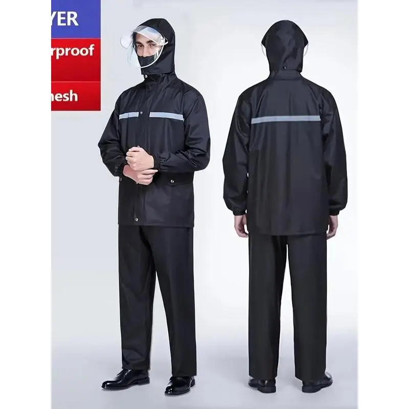 A Set Of Men's Hooded Raincoat With Reflective Stripe + Waterproof Pants, Comfy Durable Casual Outfits For Adventure, Hiking, Trekking A Set Of Men's Hooded Raincoat With Reflective Stripe + Waterproof Pants, Comfy Durable Casual Outfits For Adventure, Hiking, Trekking