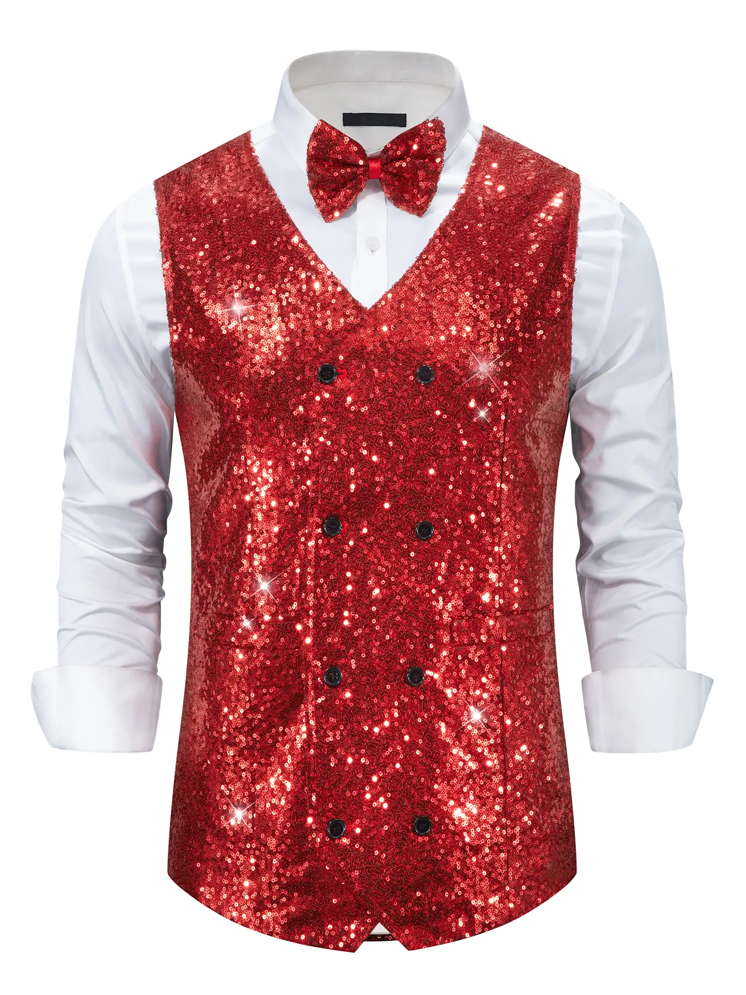 INSPIRE CHIC Red Sequin Vest for Men's Double-Breasted Party Disco Nightclub Sleeveless Sparkly Suit Waistcoat