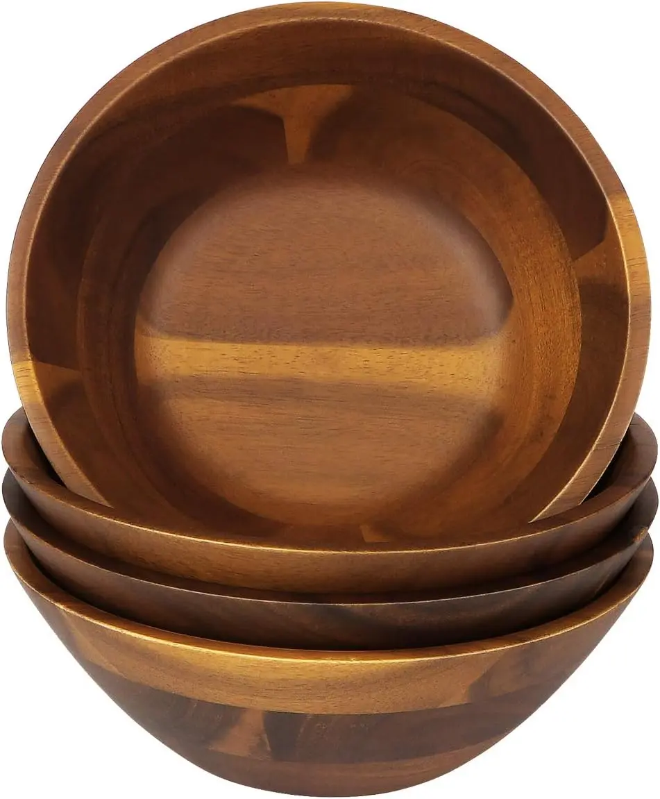 Acacia Wooden Serving Bowls, 7 Inch Set of 4 for Salad, Soup, Noodle and More