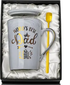 Fathers Day Birthday Gifts Presents for Dad from Daughter Son - World's Best Dad - Funny Daddy Mug with Gold Print, 14Oz Grey Marble Ceramic Coffee Cup, with Lid Spoon Greeting Card, Nice Gift Boxed