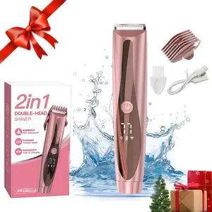 【Bikini Essentials】Bikini Trimmer for Women, Painless Electric Razors for Silk Skin,Electric Shaver and Razor Rechargeable 2-in-1 Body and Facial Epilator, Dual Heads for Painless Trimming of Pubic Hair, Face, Underarms and Legs, Summer Gift