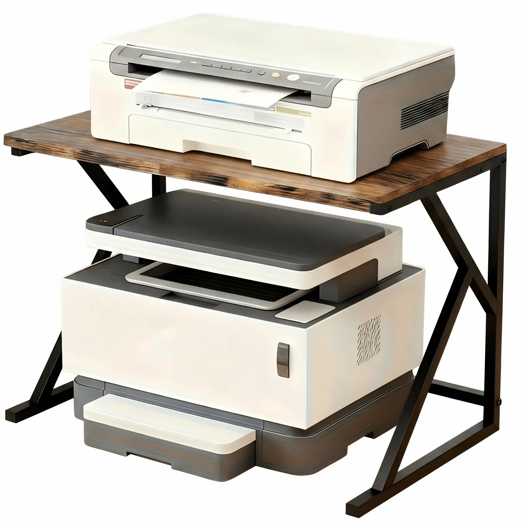 Elgatfrdm Metal Wood Desktop Printer Stand, Office Storage Shelves for Printer & Fax, Desk Organizer for Home, Brown
