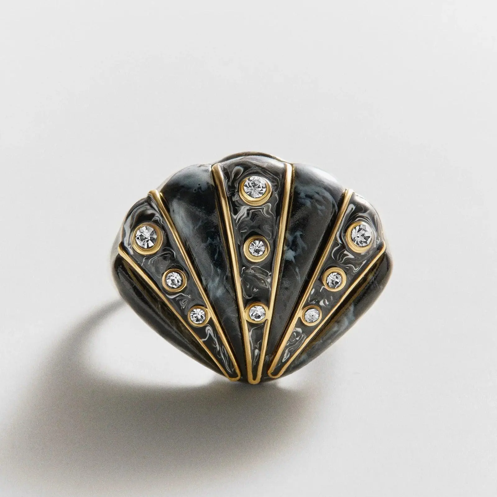 Nikki Shell Statement Ring - Black, Chunky Bold Dark Style Black Gold, Stack-Compatible Fashion Costume Jewelry Accessory, Ring Stack, Chunky Rings