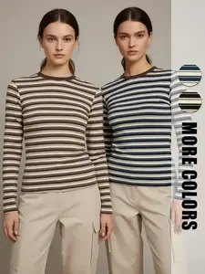 Women's Round Neck Long Sleeve Striped Casual Top for Autumn and Winter, Slim-Fit Warm Base Layer, Suitable for Everyday Home Leisure and Commuting, Womenswear