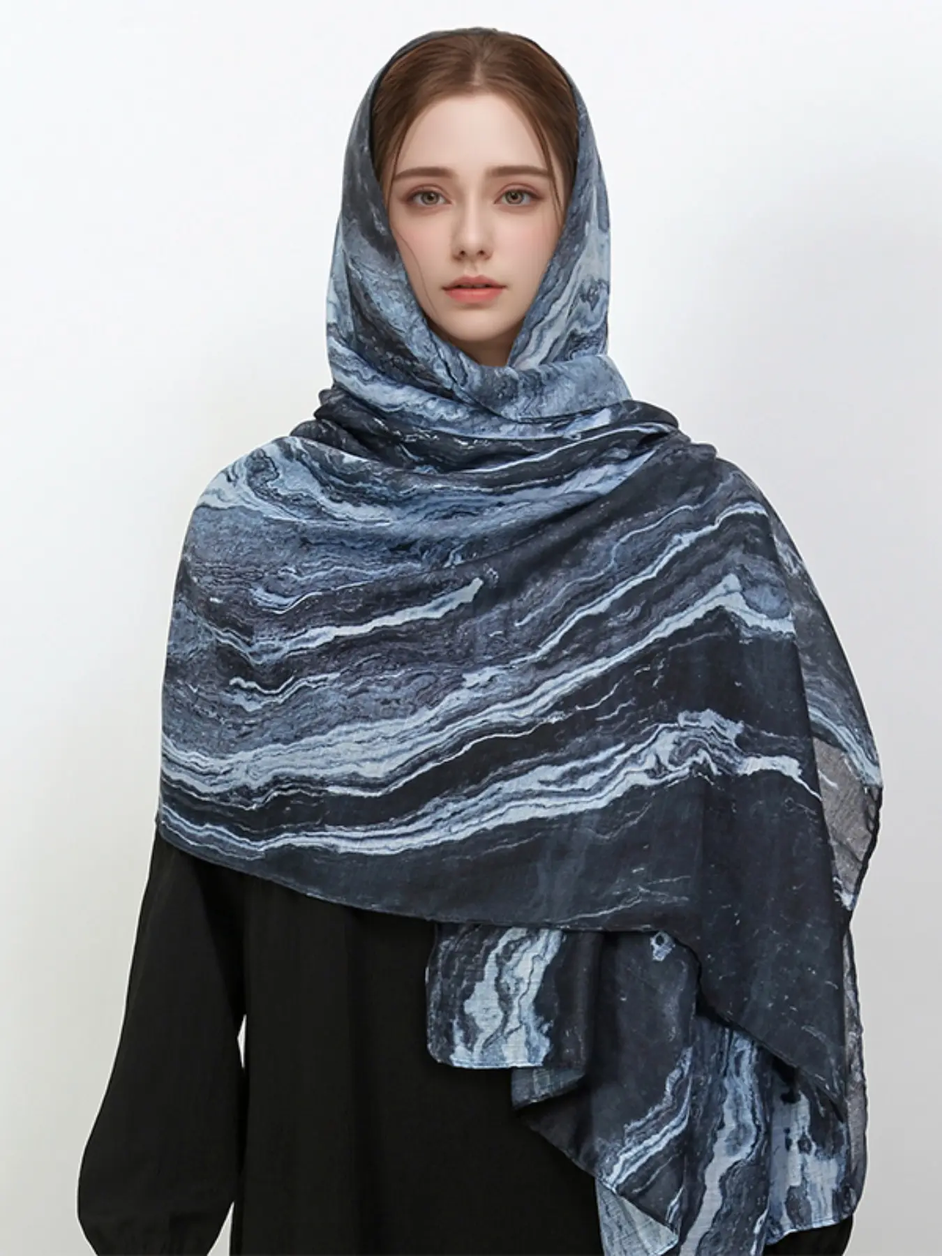 Women's Fashion Watercolor Painted Tignon Scarf 85x180cm, Stylish Casual Soft Shawl Polyester Modesty Muslim Hijab for Versatile Everyday Wear, Elegant Scarf Accessory Headscarf